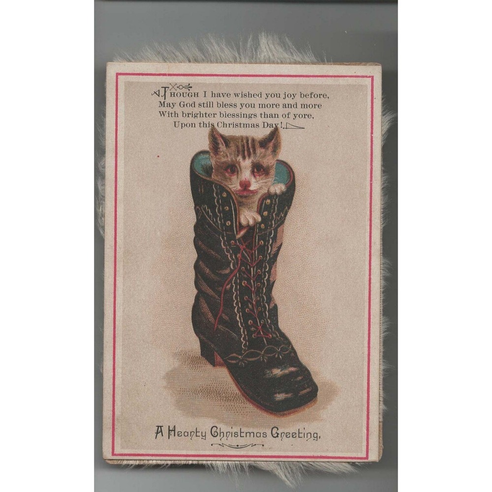 Vintage Christmas Greeting Card Kitten in Boot Faux Fur Trim VG-